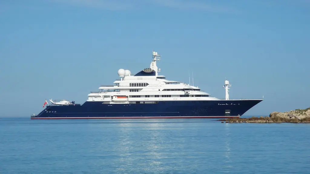 Octopus in full side profile at anchor on calm water, a rocky point at the right