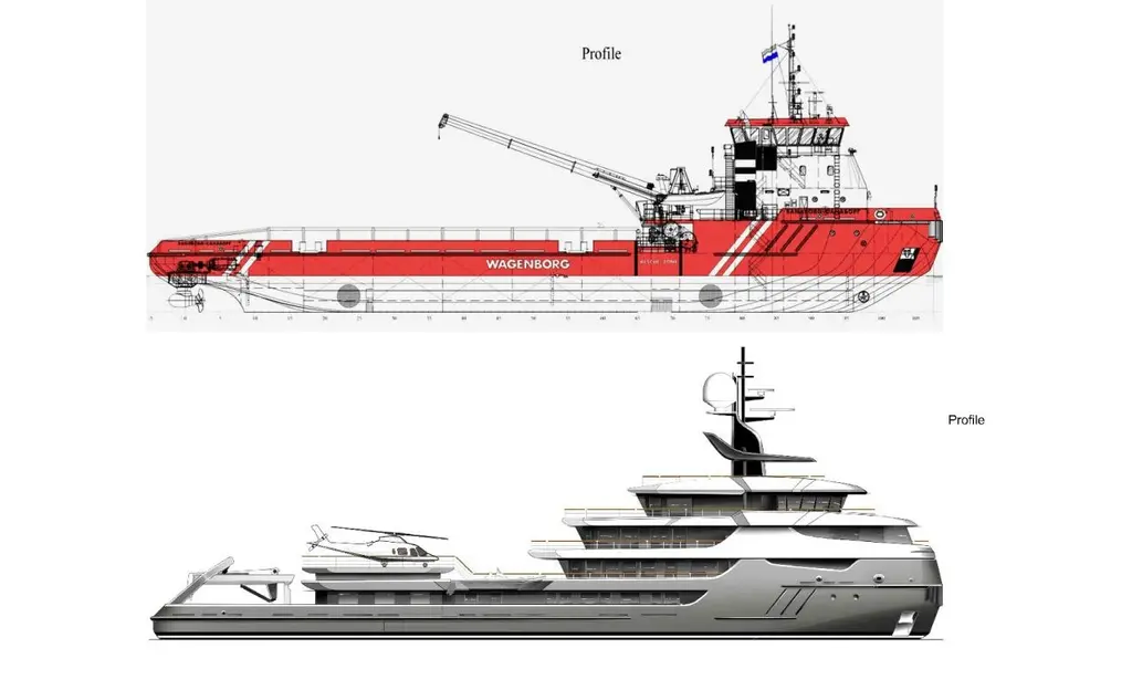 Two profile drawings: above, the red-hulled offshore supply vessel Sanaborg with a crane and an open working deck; below, Ragnar with a new superstructure and a helicopter on the aft deck