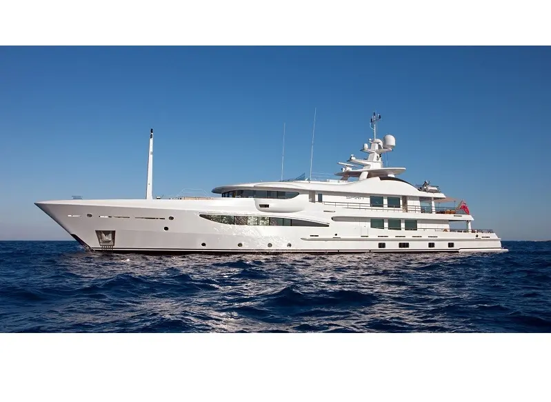 Spirit at anchor in open water, side profile