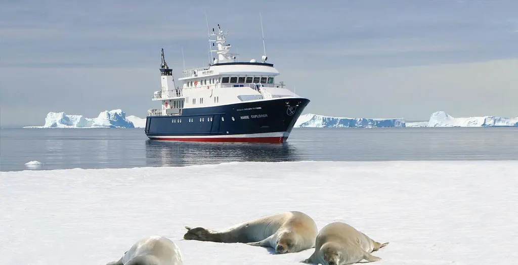 Hanse Explorer stopped at the edge of sea ice with icebergs on the horizon and three seals resting on the ice in the foreground
