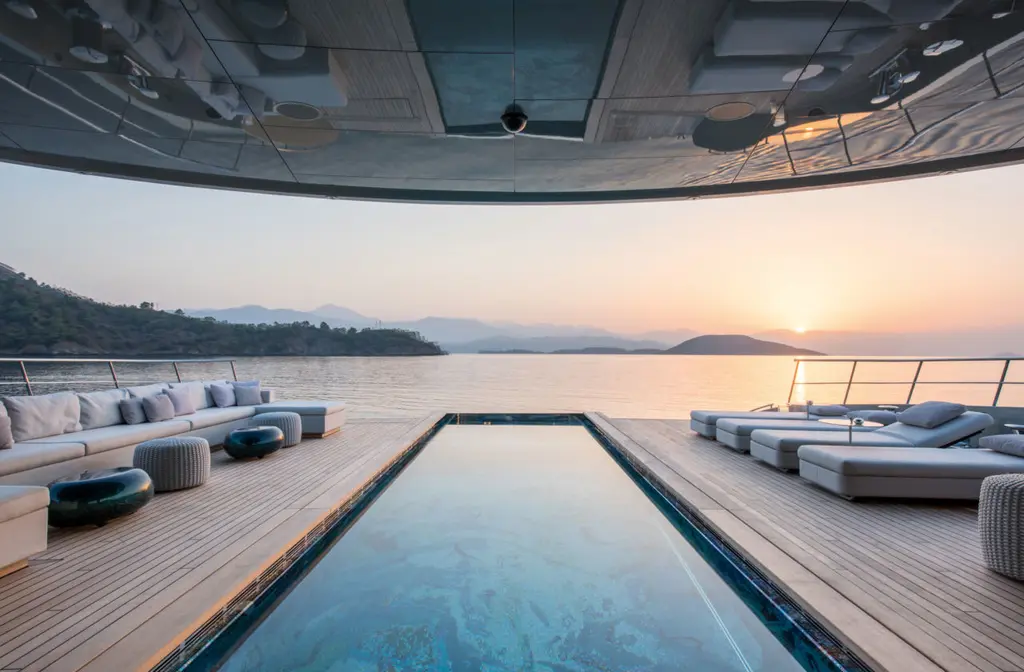 The long pool on Savannah's main aft deck at sunset, with daybeds on both sides and the sea beyond the stern