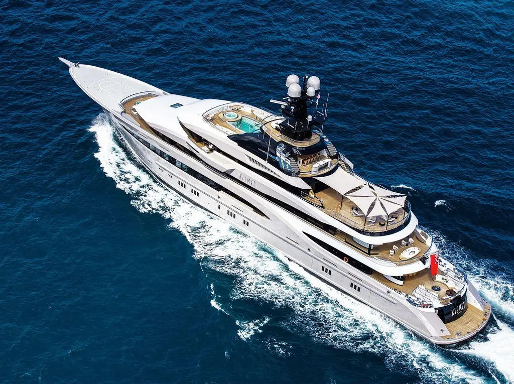 Aerial view of Whisper under way, showing the sun deck pool and the foredeck helipad