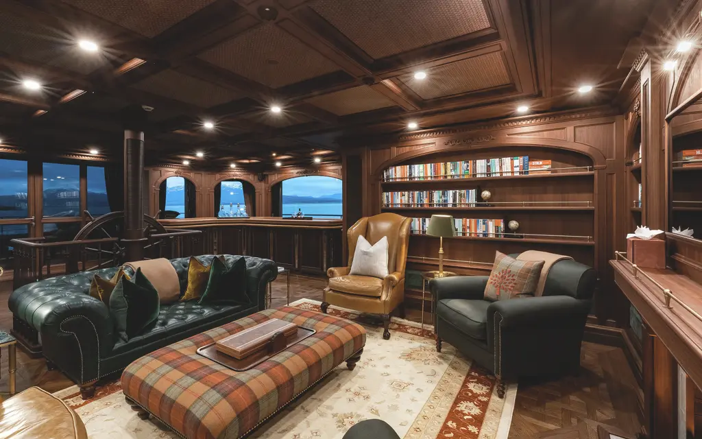 A library lounge with dark walnut shelves, green Chesterfield sofas, a tartan ottoman and a large wooden ship's wheel by the windows