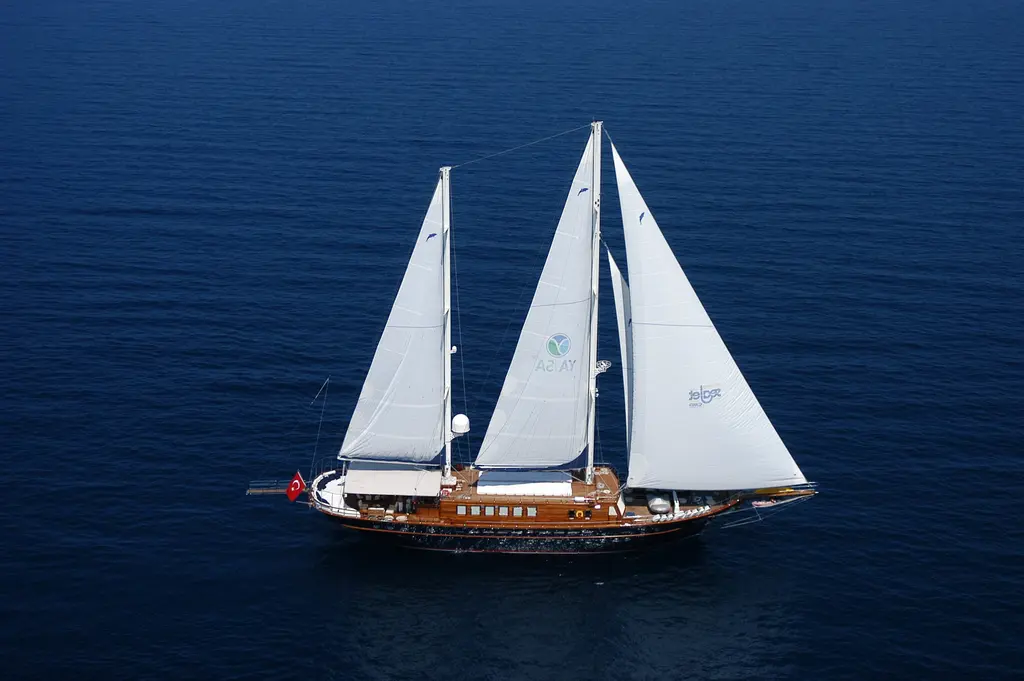 Aerial view of Sea Dream under full sail on open water, two masts set