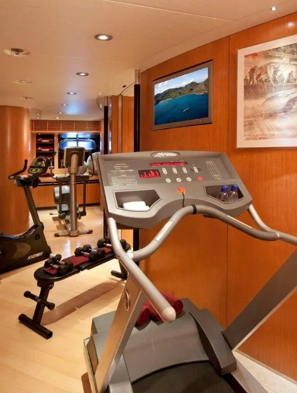 Gym with a treadmill, exercise bike and weights in a wood-panelled room