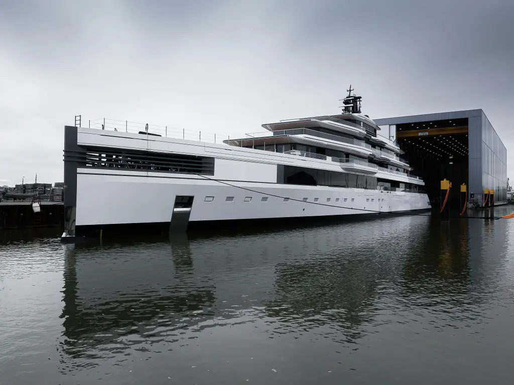 Ulysses from the bow quarter, moored outside the open build hall