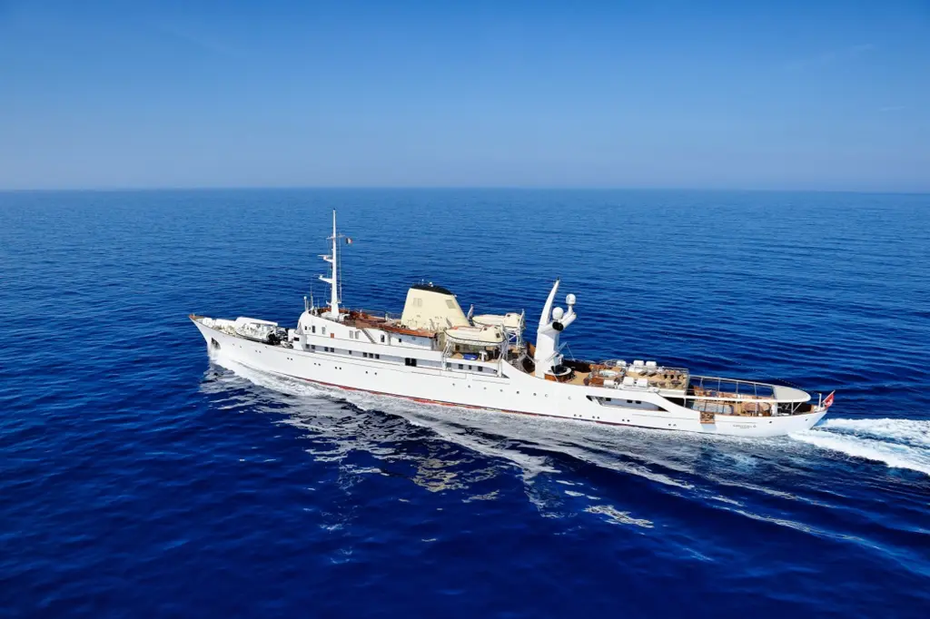 Christina O under way, seen from above off her starboard bow