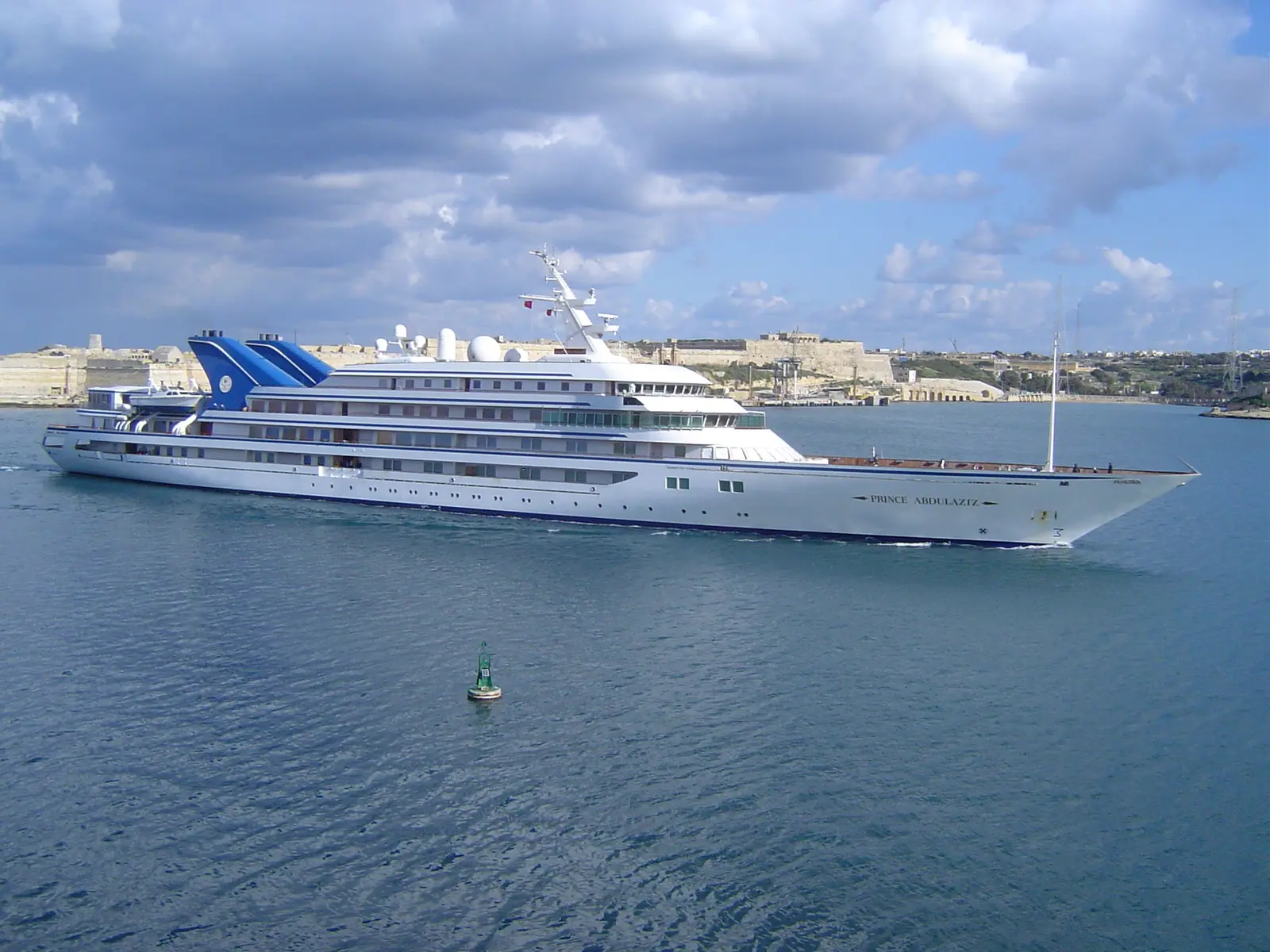 Prince Abdulaziz underway in Valletta's Grand Harbour, full starboard profile with her two blue funnels