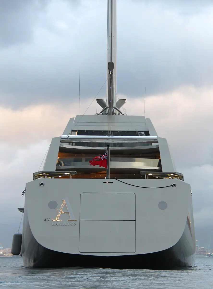 Sailing Yacht A seen from directly astern, with the mizzen mast above the stacked aft decks