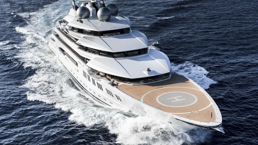 Amadea's bow from above, with the helipad on the foredeck
