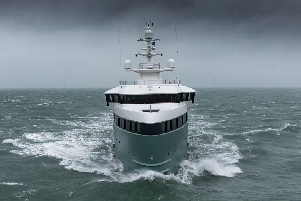 Anawa head-on in rough water, her vertical bow throwing spray on both sides, with the enclosed bridge, radar domes and mast above