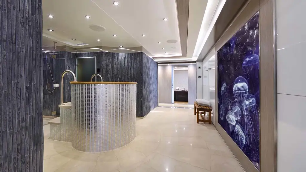 Spa with a circular mosaic plunge pool and a backlit jellyfish panel