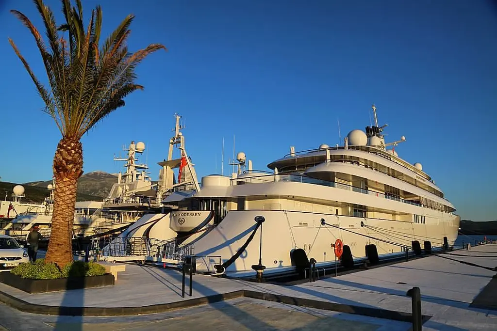 Golden Odyssey moored at a quay with a palm tree in the foreground