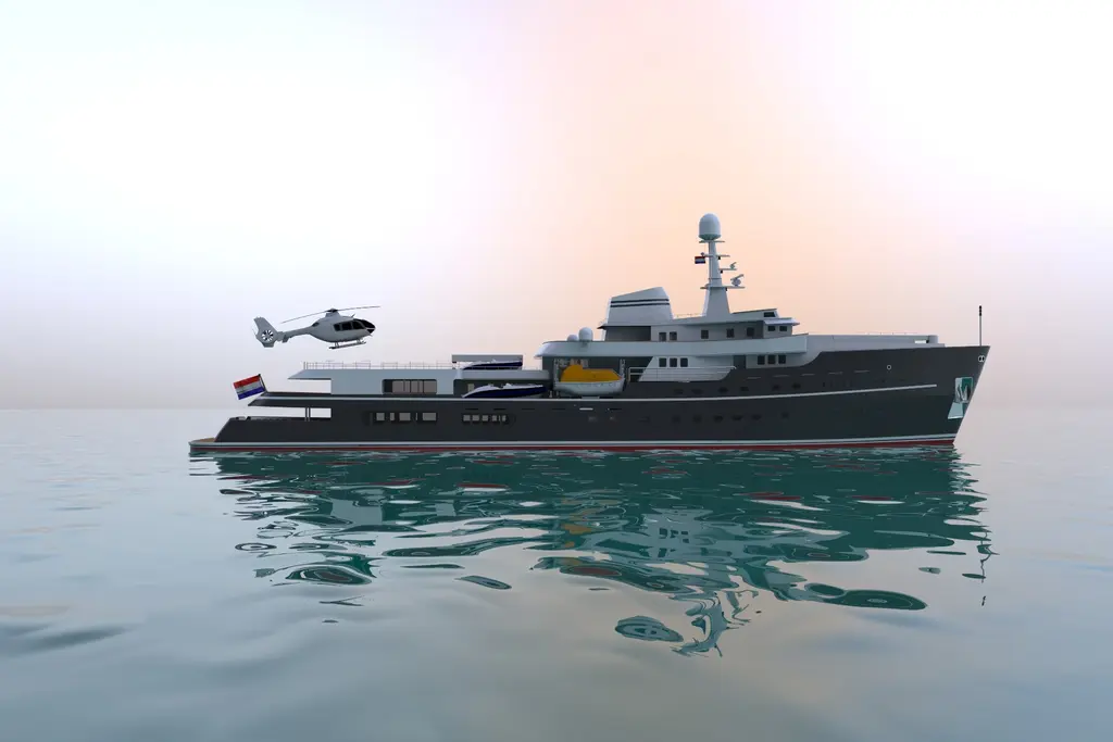 Computer rendering of Legend at sea with a helicopter about to land on the helideck aft