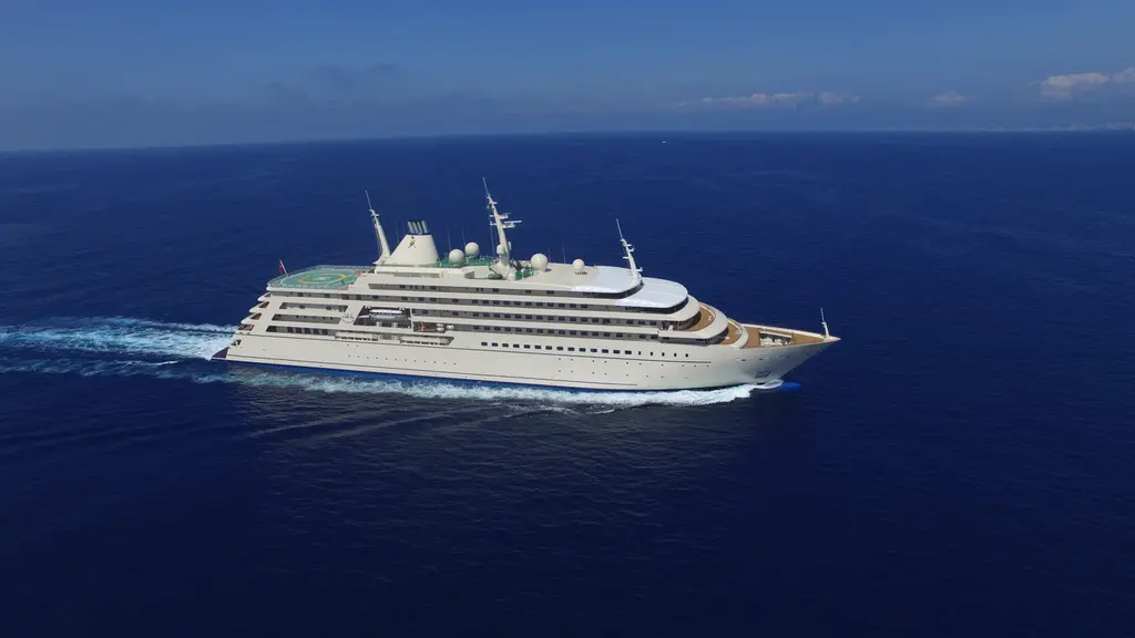 Fulk Al Salamah underway at sea, starboard profile, cream hull and superstructure with radar domes and three masts