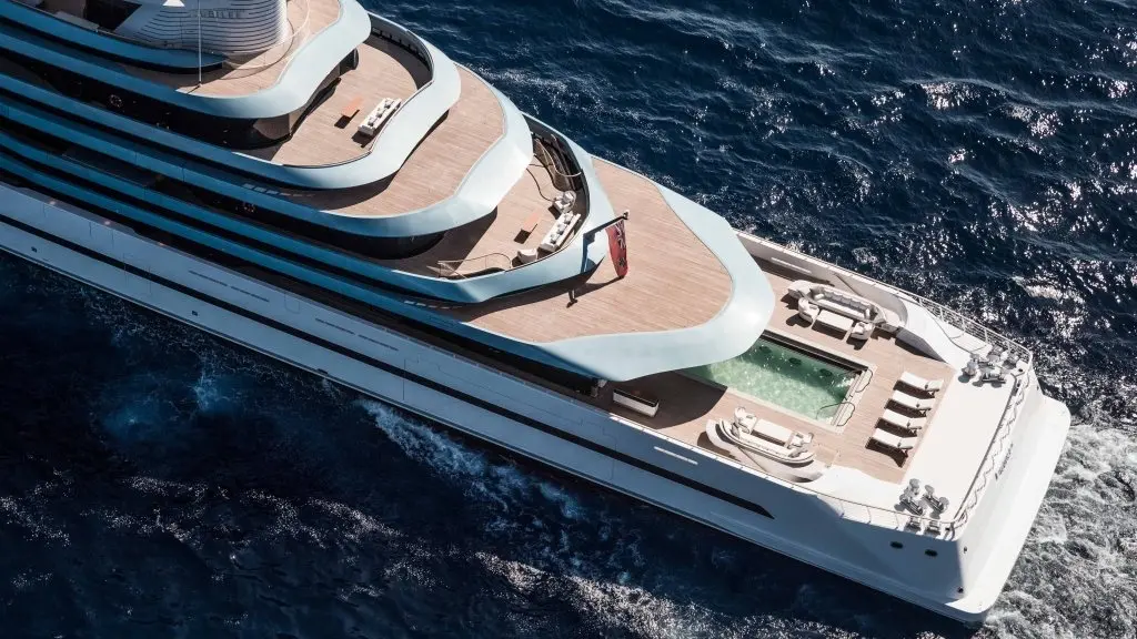 Aerial view of the aft decks, with the swimming pool and sun loungers on the main deck aft