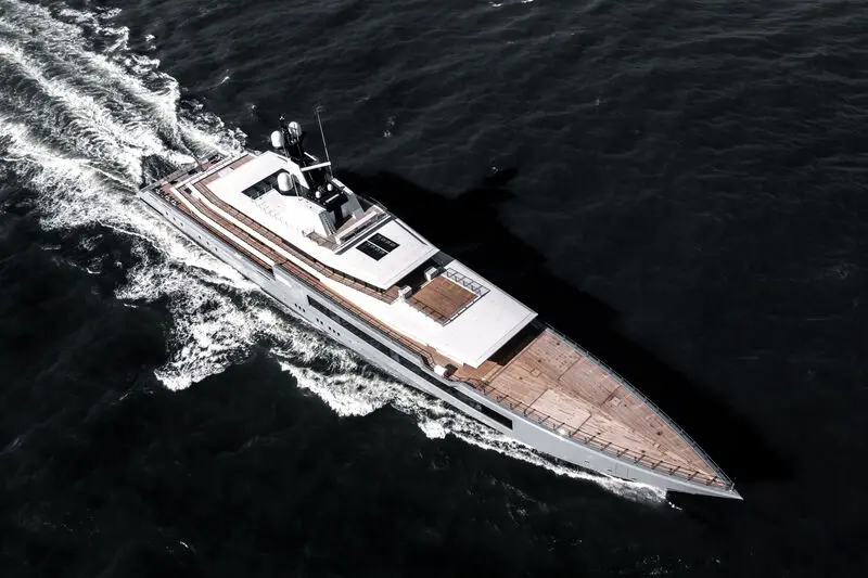 Aerial view of Seven Seas under way, showing the teak foredeck and the upper decks