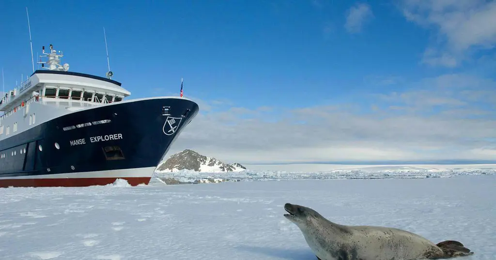 Close view of Hanse Explorer's bow against sea ice, with a seal lying on the ice beside the ship