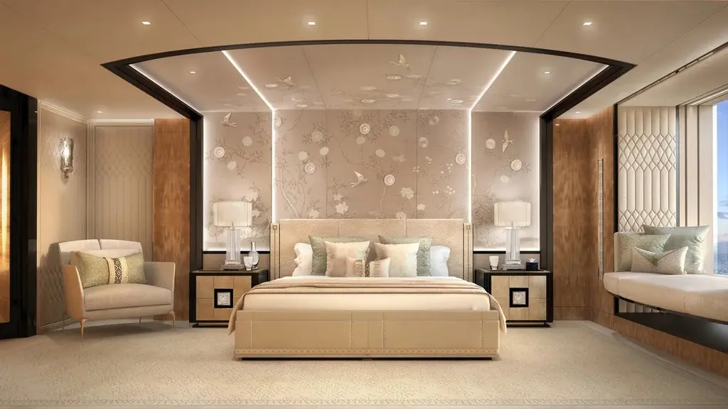 Cabin with a double bed and a floral wall panel behind the headboard