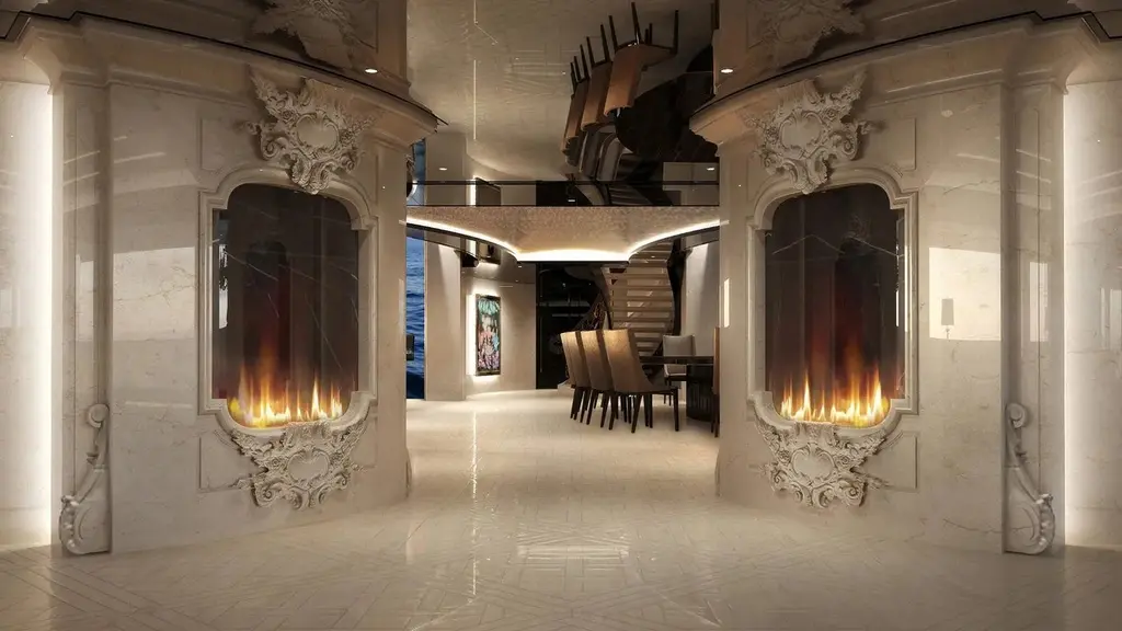 Lobby with two fireplaces in carved stone surrounds