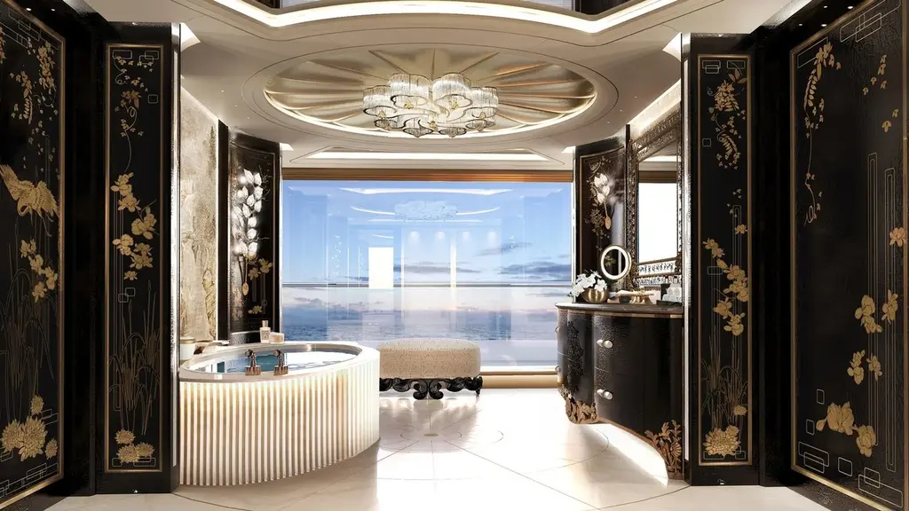 Bathroom with black lacquer panels and a round bathtub