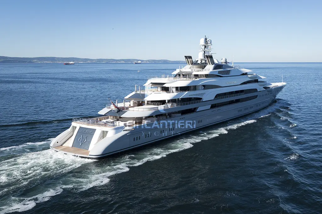 Ocean Victory under way seen from the stern quarter, with the transom, swim platform and stacked aft decks