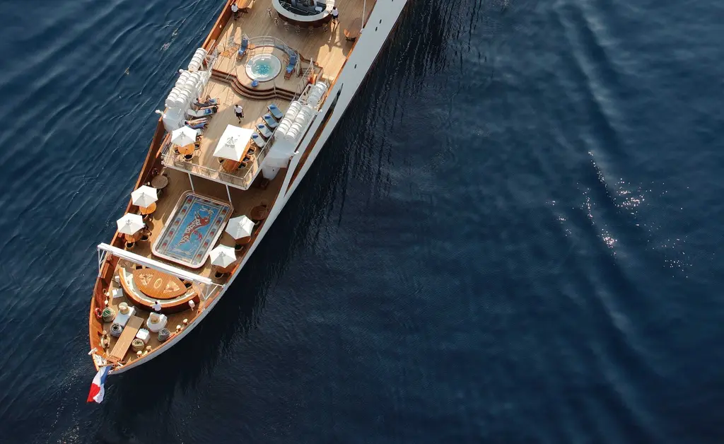 Aerial view of Christina O's aft decks, with the pool on the main deck