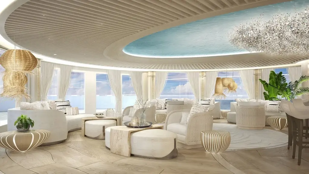 Lounge with a domed ceiling painted in sea blue and pale furniture